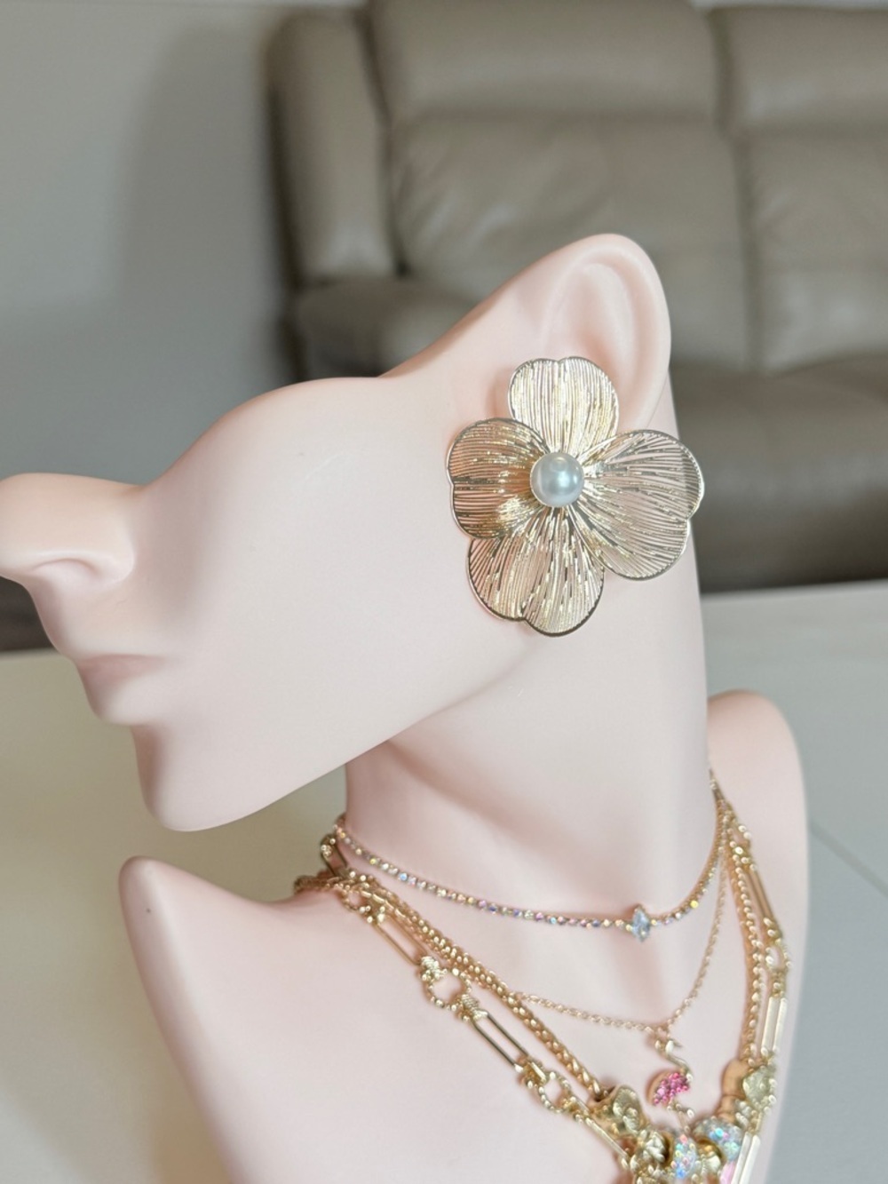 Gold Flower Statement Earring with Pearl Center | Transformer